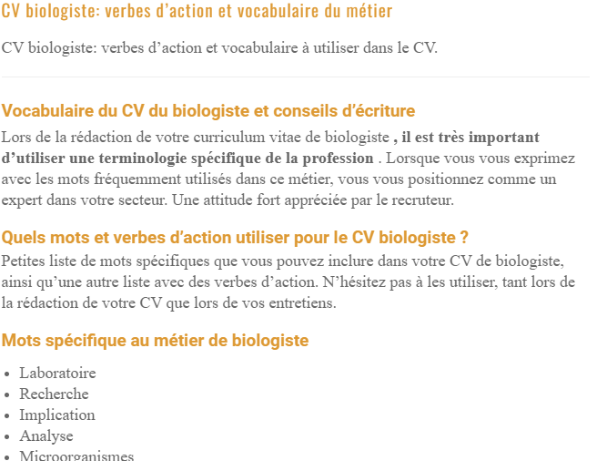 CV biologiste: verbes d’action et vocabulaire du métier