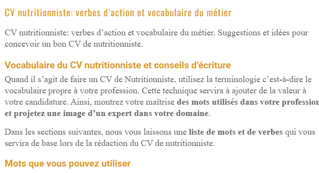CV nutritionniste: verbes d’action et vocabulaire du métier