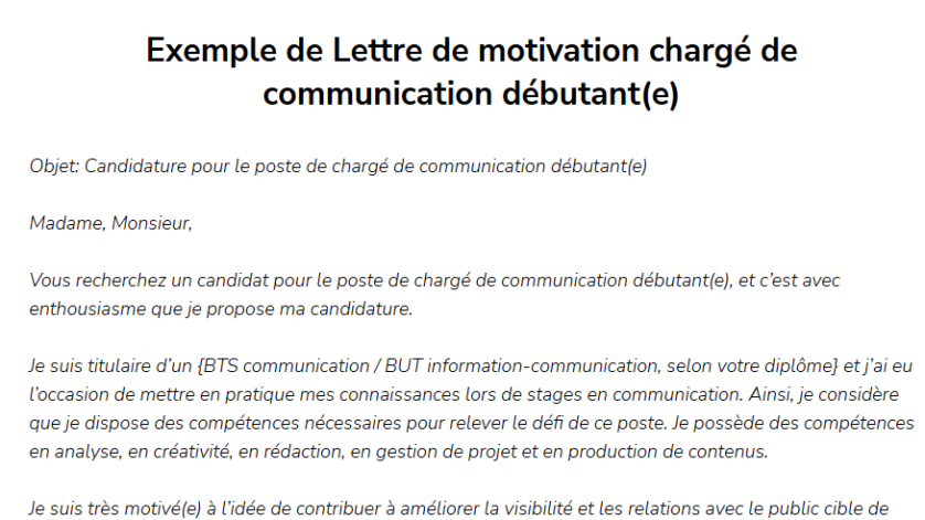 Lettre de motivation chargé de communication