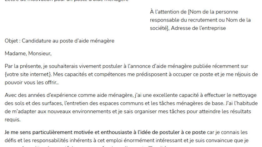 Lettre de motivation aide ménagère