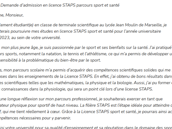 Exemplo de carta de apresentação da licença STAPS e currículo detalhado