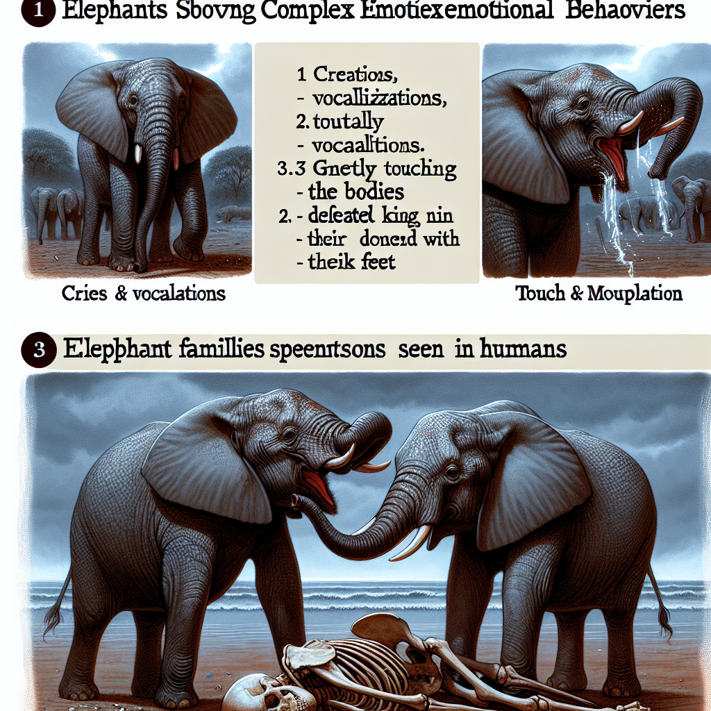 1- Pleurs et vocalisations : Les éléphants émettent des vocalisations tristes et peuvent également pleurer, laissant échapper des larmes. 2 - Toucher et manipulation : Ils utilisent leur esprit tactile en touchant doucement les corps ou les os de leurs proches décédés avec leur trompe et leurs pattes. 3 - Rituels de deuil : Certaines familles d\'éléphants montrent des rituels similaires à ceux observés chez les humains,