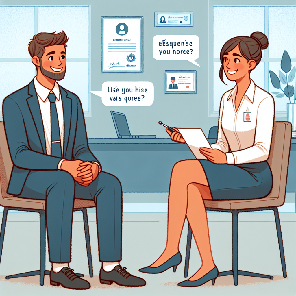Apprendre l\'anglais en mode dialogue: Entretien d\'embauche. Scénario d\'image : \"Entretien d\'Embauche\" Un candidat, Ahmed, d\'origine marocaine, est assis, légèrement nerveux, face à une recruteuse, Sarah, qui sourit et parle couramment anglais. Elle lui pose des questions, utilisant quelques mots en français pour l\'aider. L\'environnement est professionnel, avec un bureau bien organisé et des certifiés accrochés au mur.
