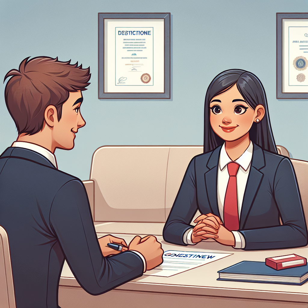 Apprendre l\'anglais en mode dialogue: Entretien d\'embauche. Scénario d\'image : \"Entretien d\'Embauche\" Image 3D: Un candidat, Ahmed, d\'origine marocaine, est assis, légèrement nerveux, face à une recruteuse, Sarah, qui sourit et parle couramment anglais. Elle lui pose des questions, utilisant quelques mots en français pour l\'aider. L\'environnement est professionnel, avec un bureau bien organisé et des certifiés accrochés au mur.