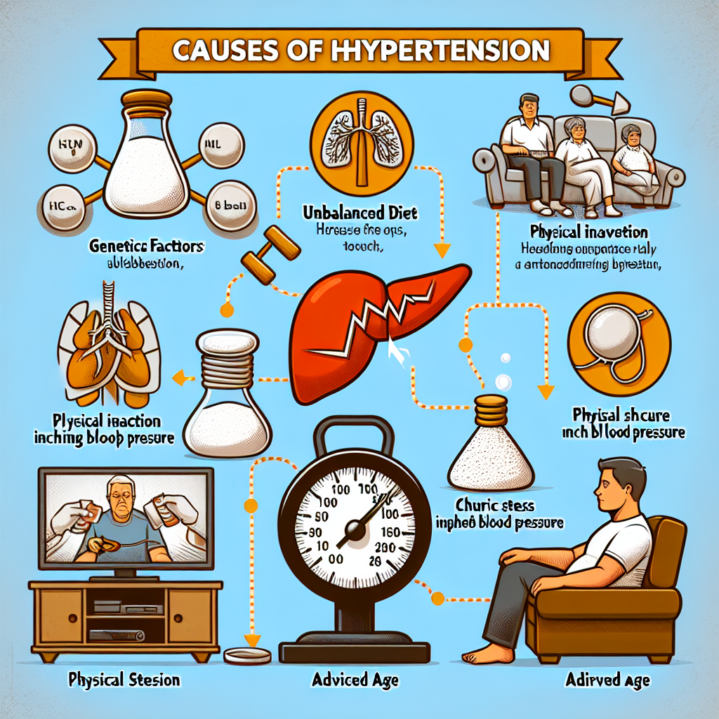 Causes de l\'hypertension: Facteurs génétiques : Antécédents familiaux peuvent influencer la probabilité d’hypertension.Alimentation déséquilibrée : Une ingestion excessive de sel augmente la pression artérielle. Inactivité physique : Un manque d’exercice est un facteur de risque majeur. Obésité : L’excès de poids est souvent lié à une pression artérielle élevée. Stress chronique : Peut contribuer à des poussées de pression artérielle. Âge avancé