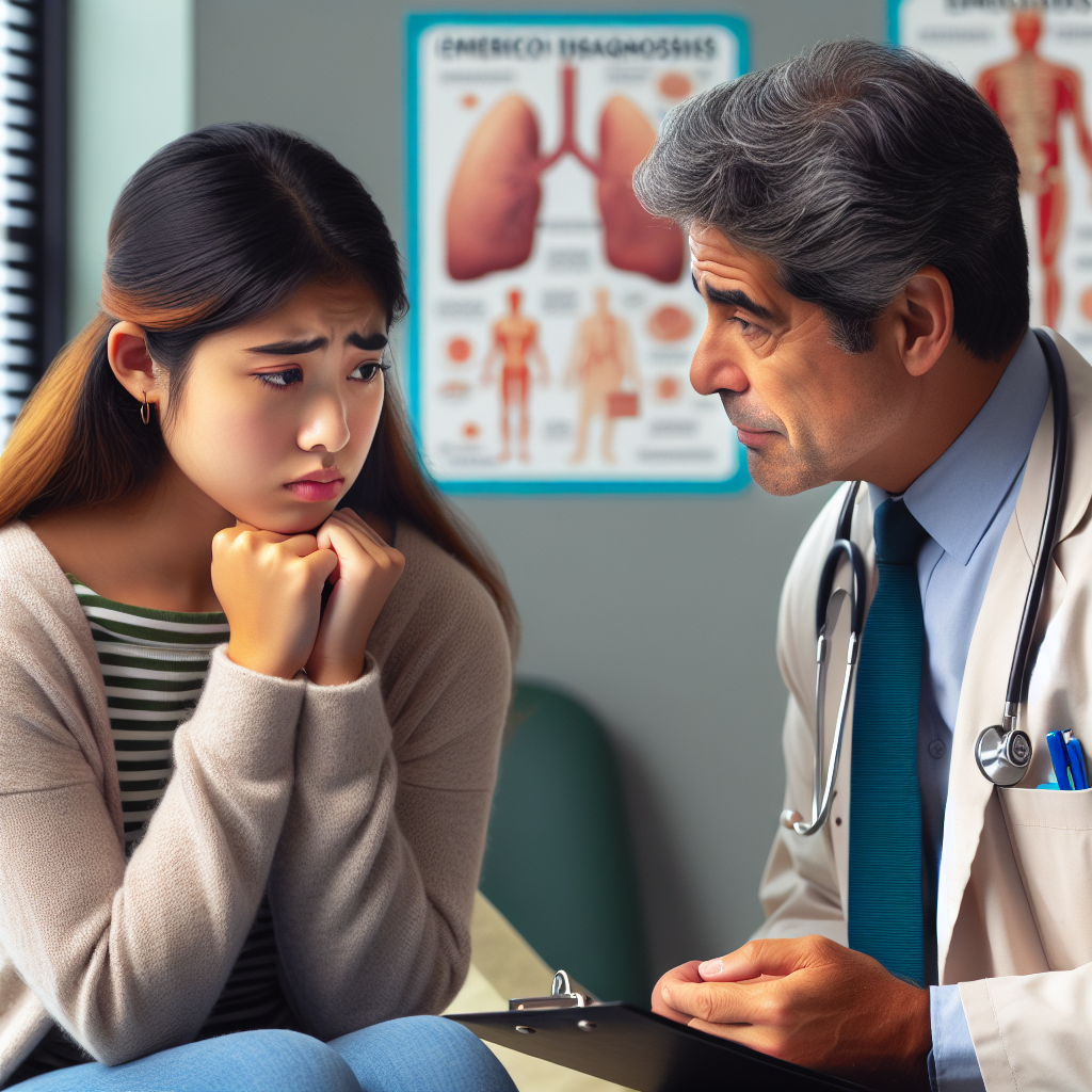 \"Conversation avec un Médecin\" - Une patiente, Maria, légèrement anxieuse et parlant mal anglais, est assise dans le cabinet du médecin. Le docteur, un homme accueillant, l\'écoute attentivement en expliquant son diagnostic en anglais, ajoutant quelques mots en français pour l\'aider. Le cabinet est propre, avec des affiches éducatives sur les murs.