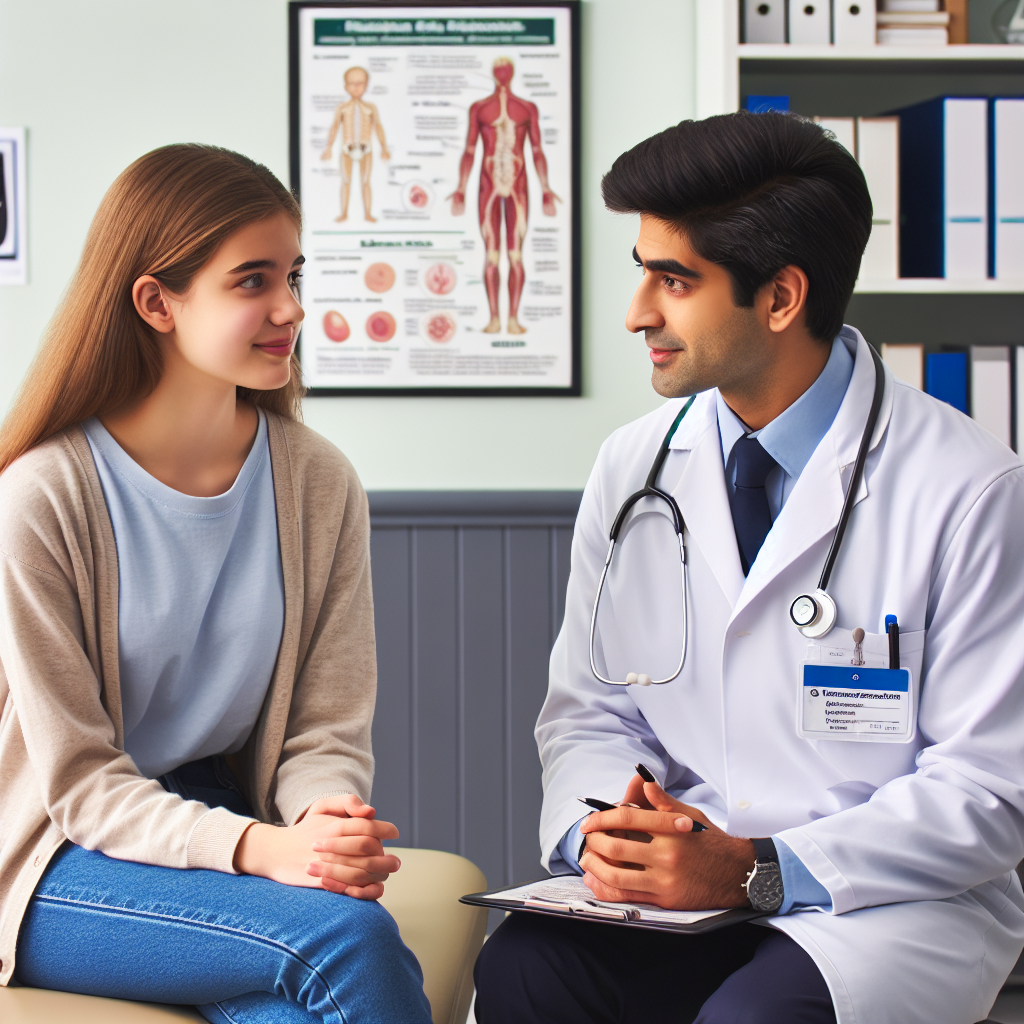 \"Conversation avec un Médecin\" - Une patiente, Maria, légèrement anxieuse et parlant mal anglais, est assise dans le cabinet du médecin. Le docteur, un homme accueillant, l\'écoute attentivement en expliquant son diagnostic en anglais, ajoutant quelques mots en français pour l\'aider. Le cabinet est propre, avec des affiches éducatives sur les murs.