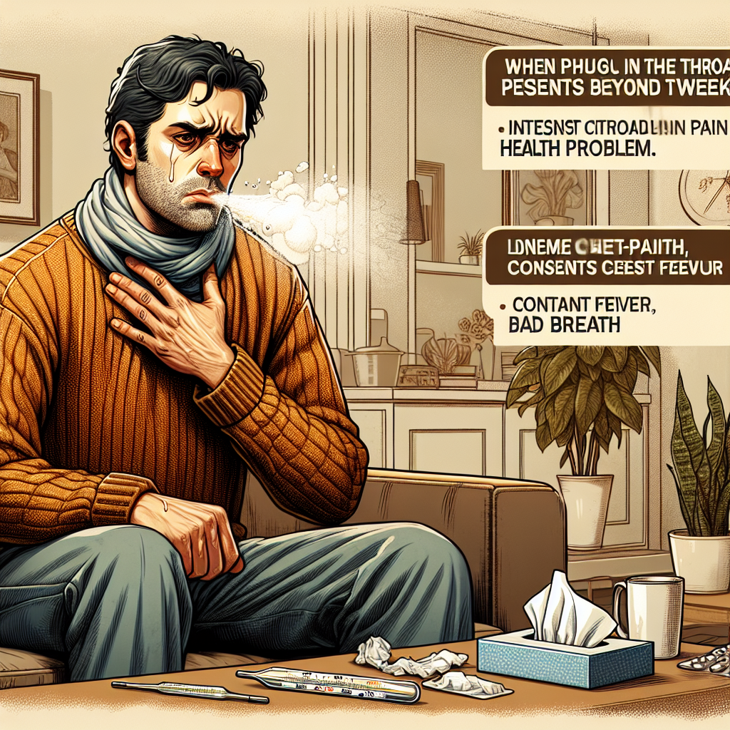 Lorsque les glaires de la gorge persistent au-delà de deux semaines, cela peut indiquer un problème de santé plus sérieux. + difficultés à respirer ou une douleur thoracique intense. Des symptômes de fièvre ou de fatigue persistent. Mauvaise haleine due à la stagnation du mucus.
