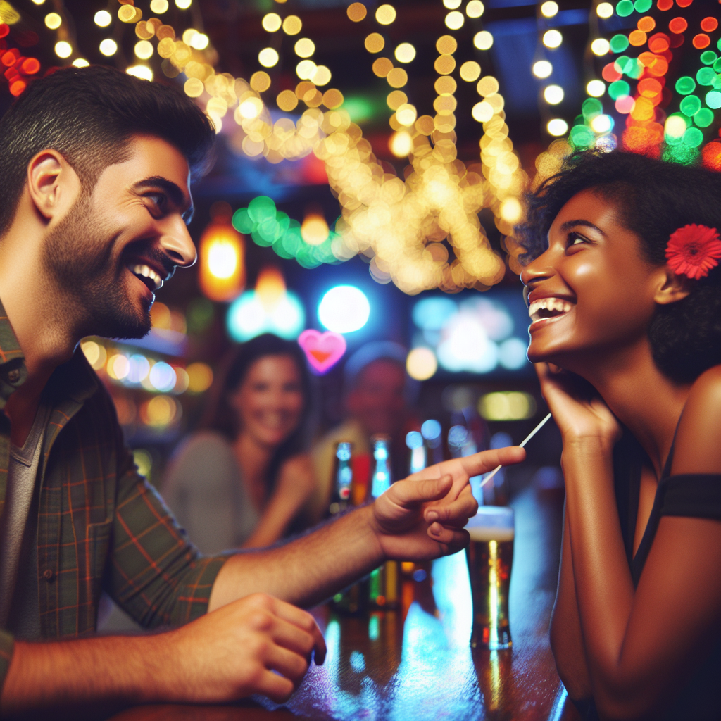 Dans un bar animé, deux personnes se rencontrent, les regards croisés. L\'un rit, attirant l\'autre avec un charme naturel. Les lumières scintillantes et la musique enjouée créent une ambiance vibrante. Leur langage corporel livrant une chimie palpable, l\'attraction initiale se manifeste, intensifiant la scène d\'une montagne russe émotionnelle.