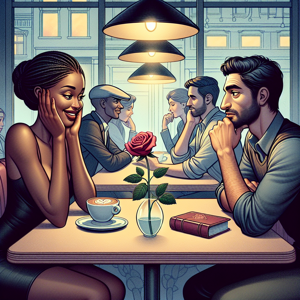 Dans un café animé, deux personnes se rencontrent. L\'une, captivée par l\'attirance physique, sourit avec séduction. L\'autre, pensive, observe avec intérêt, déjà plongée dans des pensées plus profondes. Sur la table, une rose et un livre symbolisent la dualité entre désir physique et émotions naissantes, suggérant l’évolution d’une connexion.