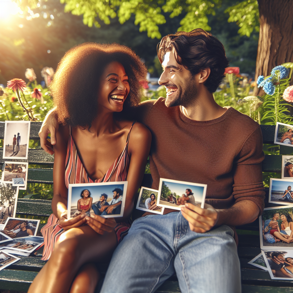 Dans un parc ensoleillé, un couple discute joyeusement sur un banc, entouré de souvenirs. Des photos de leurs aventures sont éparpillées autour d\'eux, symbolisant les expériences partagées. La communication ouverte se lit sur leurs visages souriants. En arrière-plan, des fleurs qui fleurissent illustrent l\'évolution de leur attractivité et leur connexion.