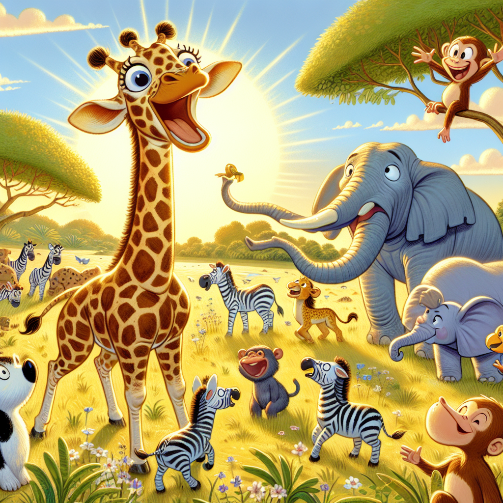 Dans une savane ensoleillée, une girafe élève la tête pour crier joyeusement \"Bellow!\" tandis qu\'un groupe d\'animaux curieux, comme des zèbres et des éléphants, se rassemblent autour d\'elle, surpris. Un petit singe riant sur une branche s\'exclame : \"Qu\'est-ce que c\'était ?\". Une ambiance amusante et intrigante règne.