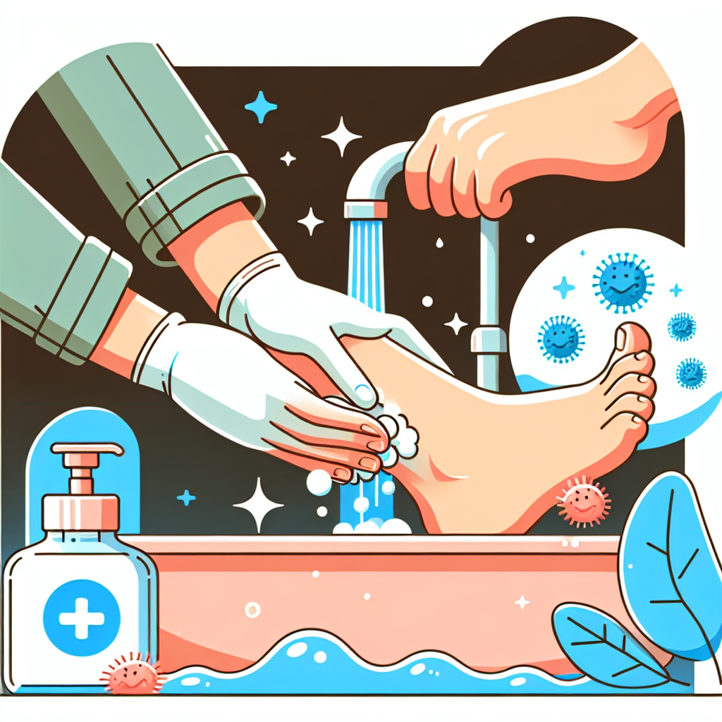 illustration conseil santé: Lavez soigneusement vos pieds chaque jour avec du savon antibactérien. Prenez le temps de bien sécher correctement vos pieds, surtout entre les orteils, car l\'humidité favorise la croissance des bactéries. nb: ne pas inclure les bactéries dans l\'image