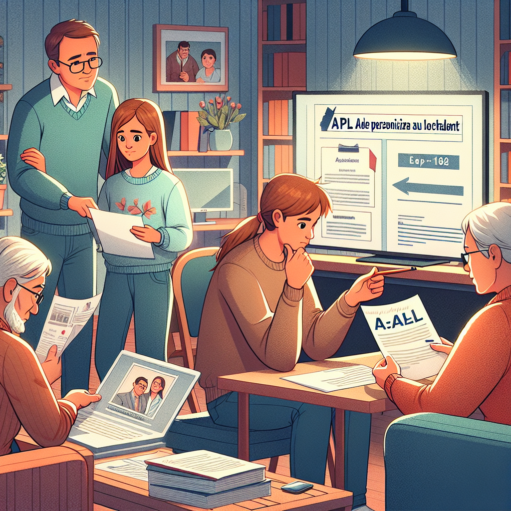 Illustration de ce thème: Impact de l\'APL d\'un étudiant pour ses parents(sur l\'image merci de représenter les principaux acteurs de ce thème c\'est-à-dire: un ou des étudiants et des parents, chacun jouant son rôle dans le thème donné)
