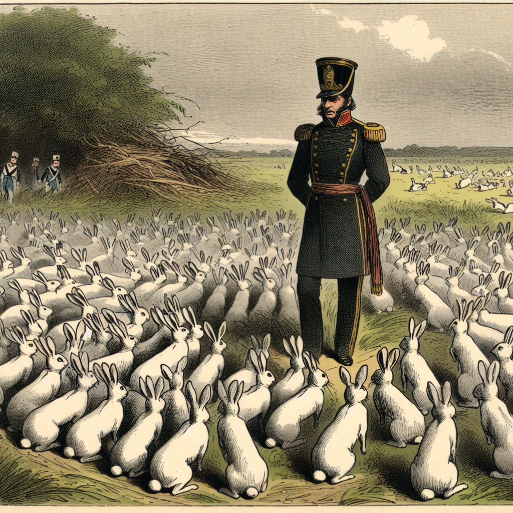 Illustration humoristique: Napoléon et les Lapins: Lors d\'une chasse organisée par Napoléon, des milliers de lapins domestiques ont été lâchés, mais au lieu de s’enfuir, ils se sont rués vers lui.
