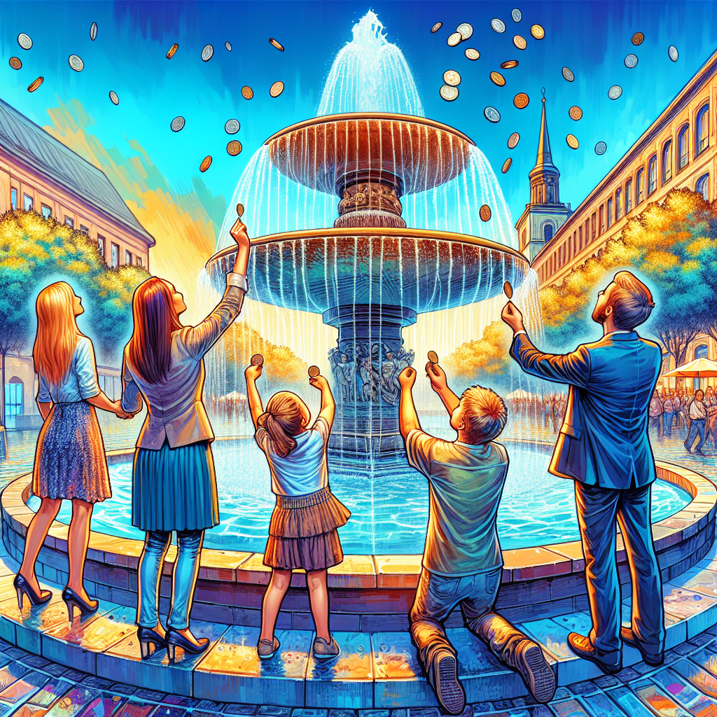 image en couleur qui montre une grande place publique doté d\'une grande fontaine d\'eau et 4 ou ( personnes(3 enfants) jettes des pièces par dessus leurs épaules dans la fontaine en faisant des voeux.