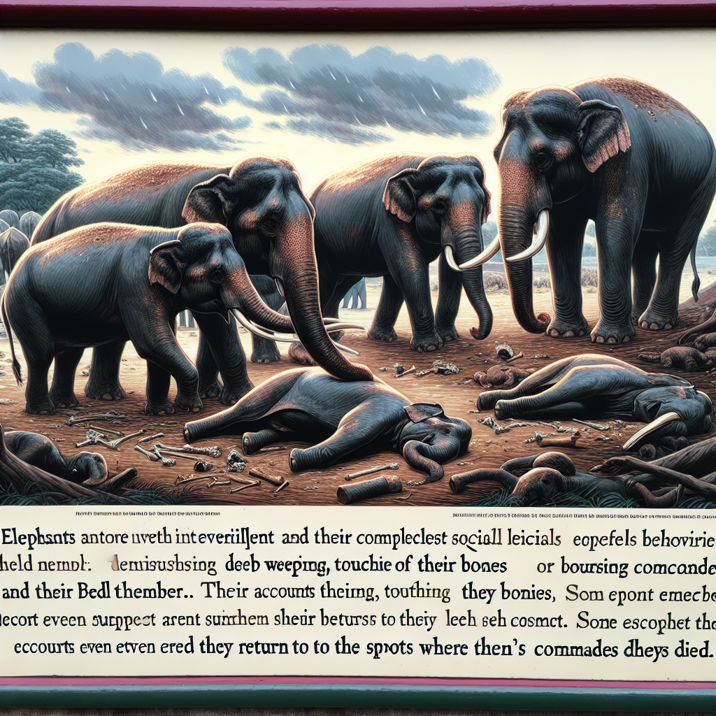 Les éléphants, connus pour leur intelligence et leurs comportements sociaux, manifestent un profond sentiment de deuil lorsqu’un de leurs proches décède. Ils sont souvent vus en train de pleurer, de toucher les os ou les corps de leurs congénères décédés, et certains témoignages suggèrent même qu\'ils retournent sur les lieux où leurs congénères sont morts.