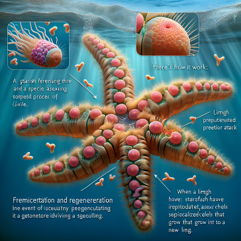 Lorsqu\'une étoile de mer perd un bras à cause d\'une blessure ou d\'un prédateur, elle entre dans un processus complexe de régénération. Voici comment cela fonctionne : Fragmentation et régénération : Les étoiles de mer peuvent se reproduire asexuellement en se divisant. Lorsqu\'un bras est perdu, l\'étoile commence à régénérer des cellules spécialisées qui se développeront en un nouveau membre.