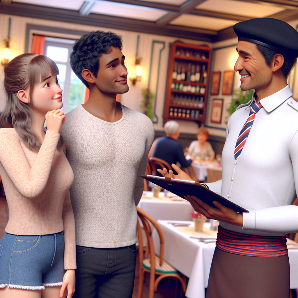 Réservation en Anglais au Restaurant Image 3D: Un couple de touristes français, Emma et Lucas, se tient nerveusement devant un hôte souriant au restaurant. Ils essaient de réserver une table en anglais, l\'hôte leur explique gentiment, ajoutant quelques mots en français pour les aider. L\'ambiance du restaurant est accueillante, avec des clients savourant leurs repas. L\'ambiance du lieu est british pour montrer qu\'ils sont à Londres ?