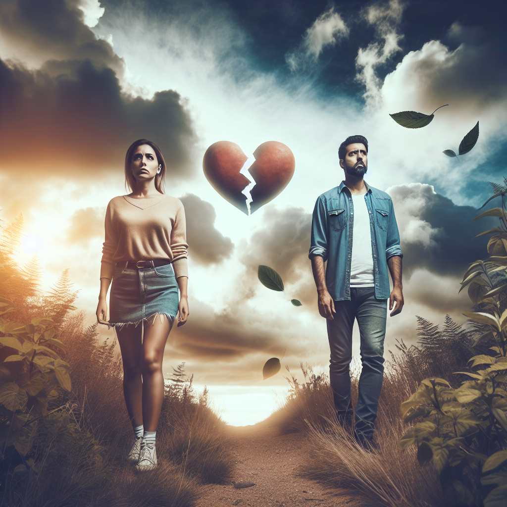 Sous un ciel nuageux, un couple se tient au bord d\'un sentier, regardant au loin. Les visages, autrefois radieux d\'enthousiasme, montrent des signes de distance. Entre eux, un cœur brisé symbolique flotte, représentant la complexité des sentiments. La nature environnante illustre le passage du temps, accentuant leur évolution.
