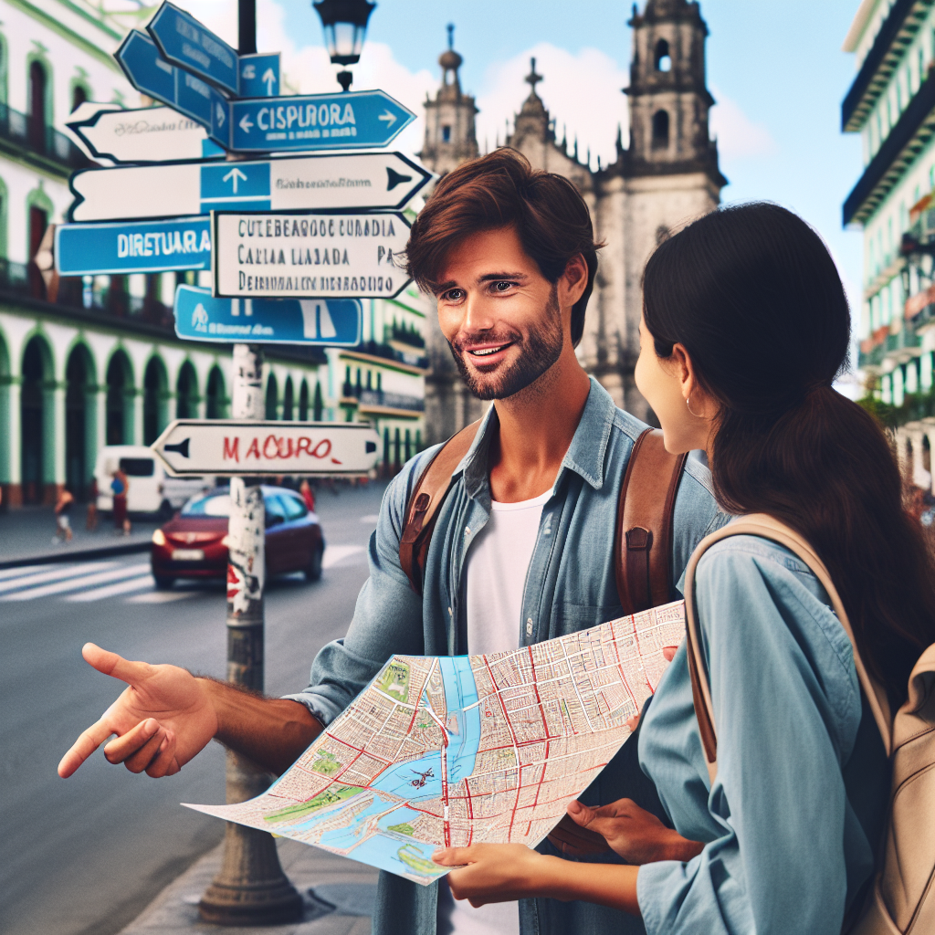 Un touriste étranger, un plan de ville à la main, interroge une habitante souriante dans une rue animée. Ils désignent ensemble des points d\'intérêt visibles en arrière-plan, comme une cathédrale et un parc. Des panneaux indiquant les directions et une ambiance conviviale révèlent l\'échange culturel et l\'aide offerte. (Note : l\'image doit capter le moment d\'échange amical et informatif entre le touriste et l\'habitant dans un décor urbain.)