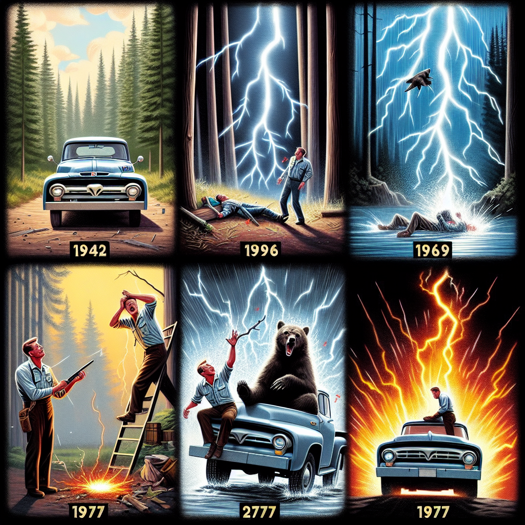 ⚡️ Les Foudres de Roy : 7 Lives in 1 1942 : Première rencontre. Roy, en pleine nature, se fait frapper par la foudre alors qu\'il bosse. 😧 1969 : Tranquille dans son camion, la foudre en a décidé autrement. 🚚💥 1977 : Dernière grosse claque, après ça, il a même attaqué un ours avec une branche ! Chaud, non ? 🐻🌳