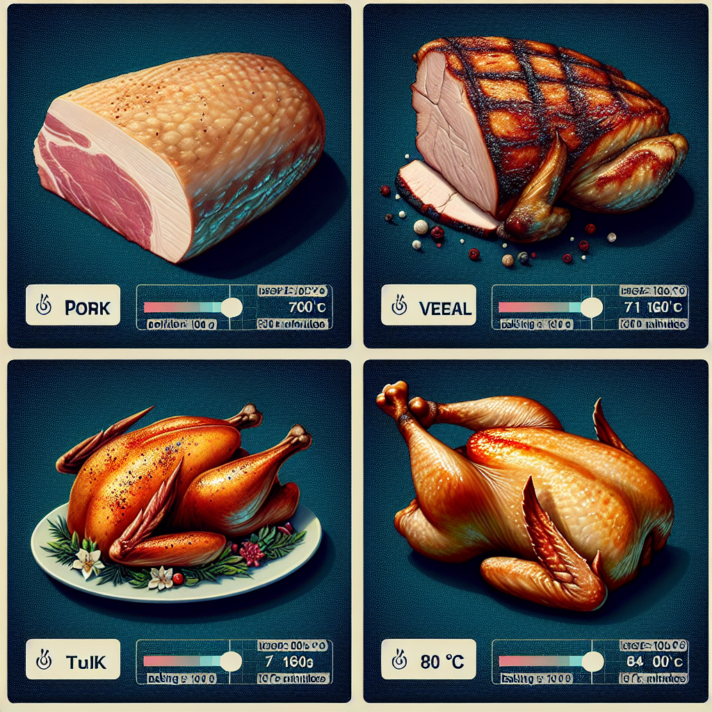 3 Images (porc, veau, volaille) réelles en couleur pour: Porc: Température interne : 71 °C (160 °F) cuire à 180 °C pour environ 60 minutes les 800 grammes. Veau: Température interne : 70 °C (pour un goût optimal). Une cuisson à 210 °C pendant 50 minutes pour 800 grammes. Volaille (poulet, dinde) - Température interne : 74 °C (165 °F) En gros, une volaille cuite à 180 °C doit rester en place environ 30 minutes par demi-kilo