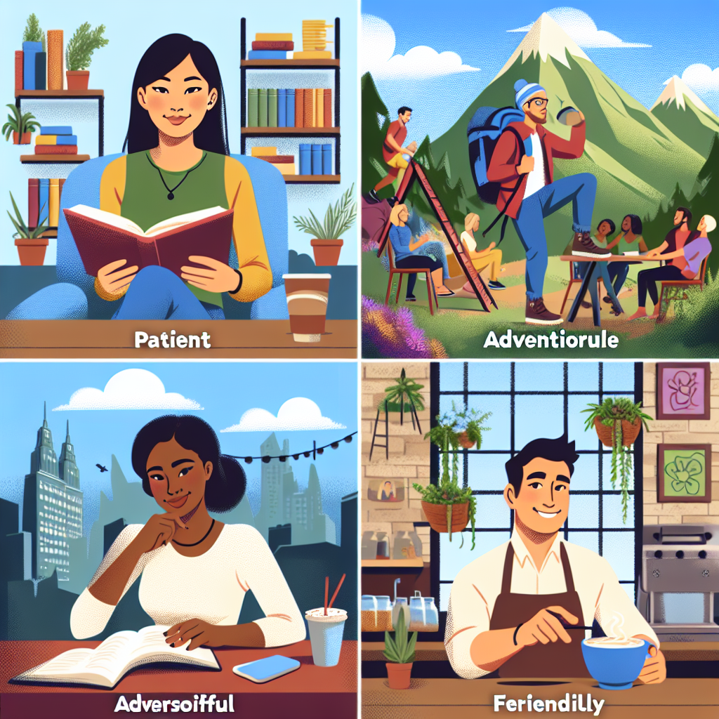 4 image réelle en couleur pour: \"Adjectif de personnalité\" en anglais (dans 4 contextes des scènes de la vie quotidienne)