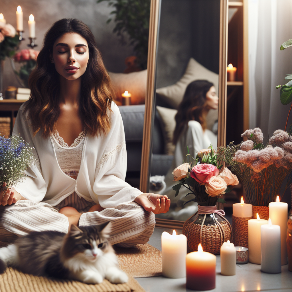 Assise dans son salon, une jeune femme respire profondément, entourée de bougies parfumées et de fleurs. Un chat ronronnant à ses côtés, elle pratique la méditation avec un sourire serein, tandis qu\'un miroir reflète son look soigné pour son rendez-vous. L’atmosphère dégage une ambiance de calme et de préparation.