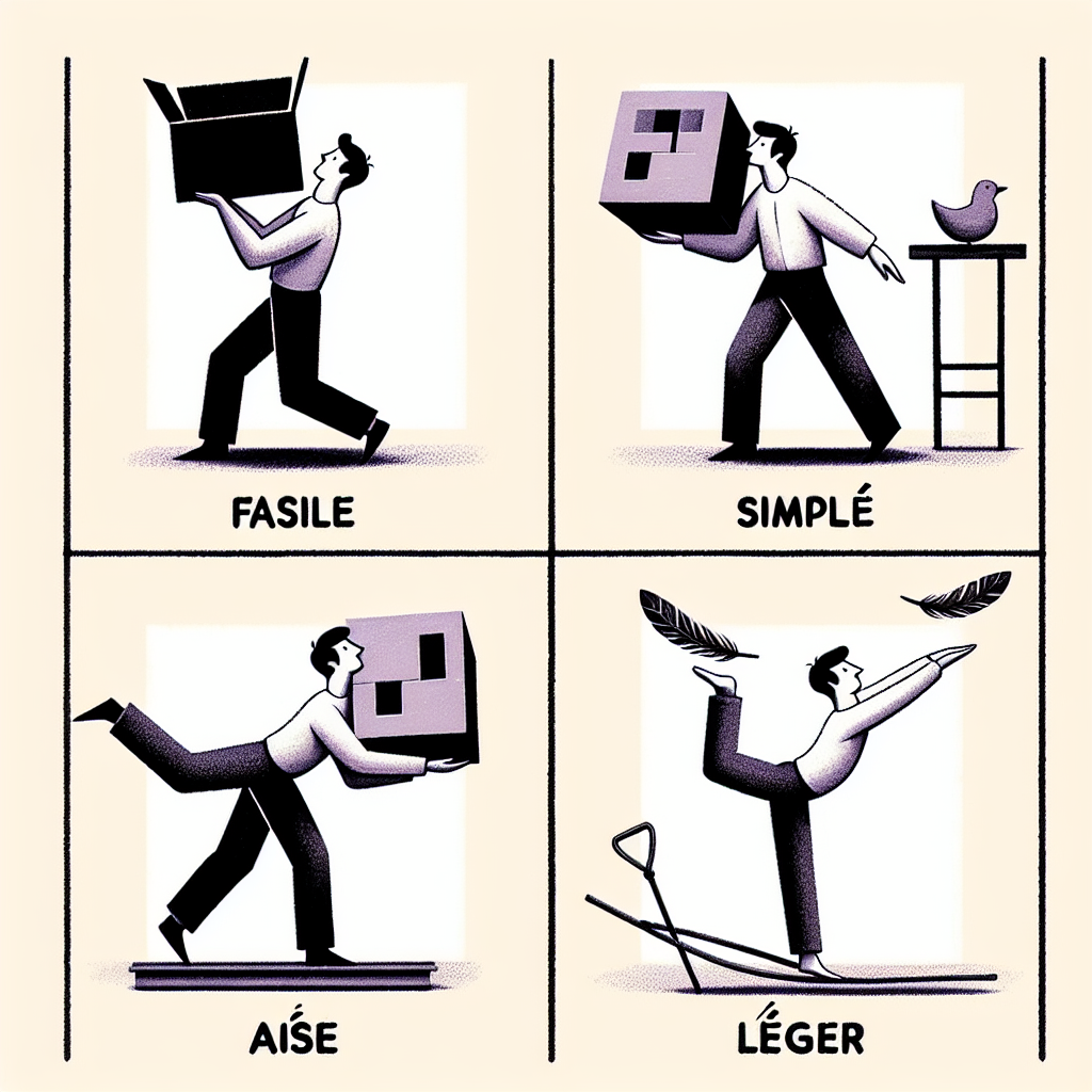 \"Créer une image de la vie de tous les jours illustrant le mot \'Difficile\'.\" . Spécification des antonymes : \"Inclure 4 antonymes du mot \'difficile\' en français : Actions à Représenter : \"Représentez chacune des actions associées à ces antonymes :\"