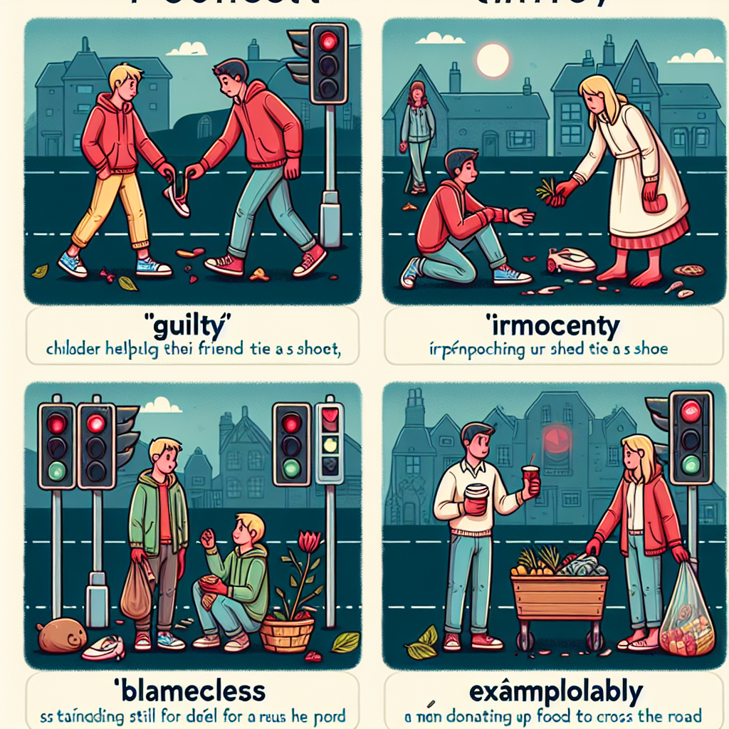 \"Créer une image de la vie de tous les jours illustrant le mot \'coupable\'.\" . Spécification des antonymes : \"Inclure 4 antonymes du mot \'coupable\' en français : Actions à Représenter : \"Représentez chacune des actions associées à ces antonymes :\"