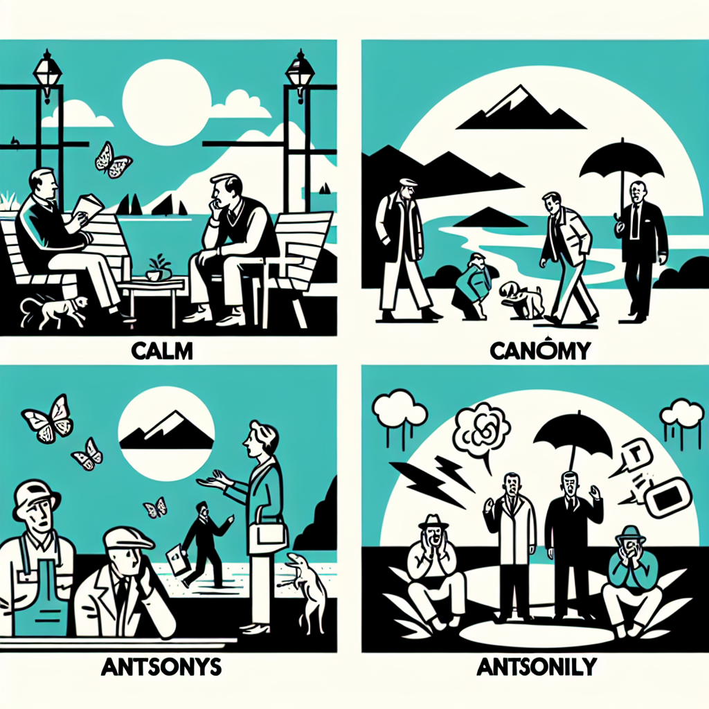 \"Créer une image en couleur de la vie de tous les jours illustrant le mot \'Calme\'.\" . Spécification des antonymes : \"Inclure 4 antonymes du mot \'calme\' en français : Actions à Représenter : \"Représentez chacune des actions associées à ces antonymes :\"