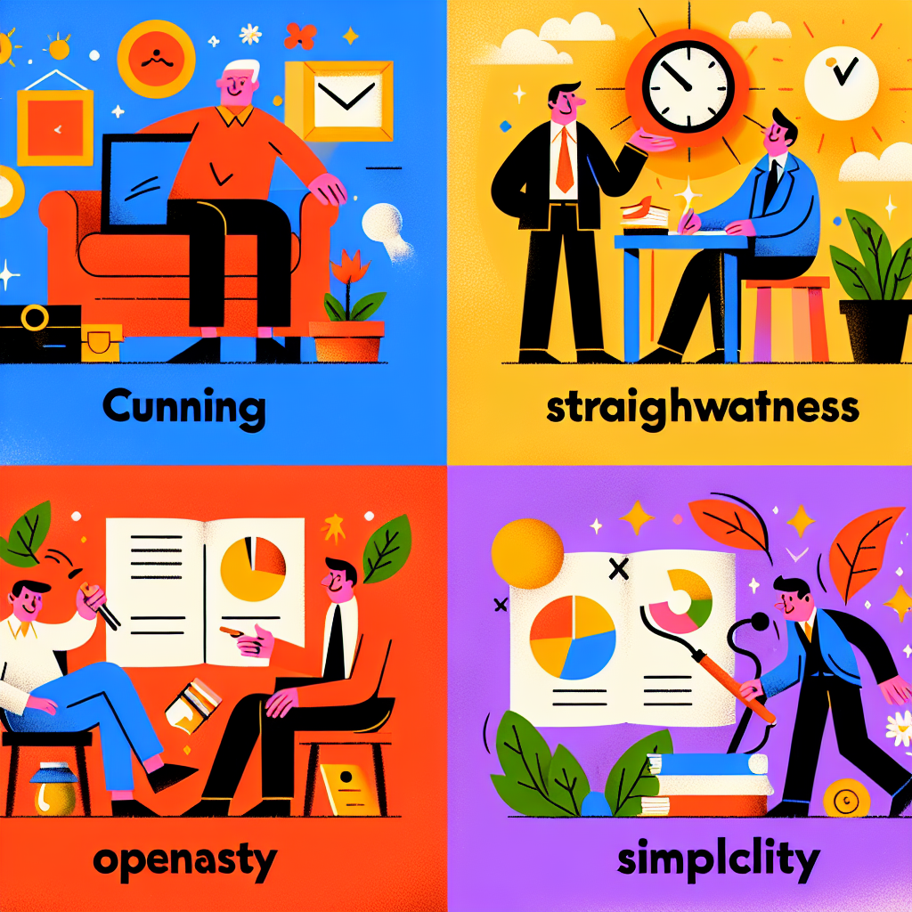 \"Créer une image en couleur de la vie de tous les jours illustrant le mot \'Ruse\'.\" . Spécification des antonymes : \"Inclure 4 antonymes du mot \'ruse\' en français : Actions à Représenter : \"Représentez chacune des actions associées à ces antonymes :\"