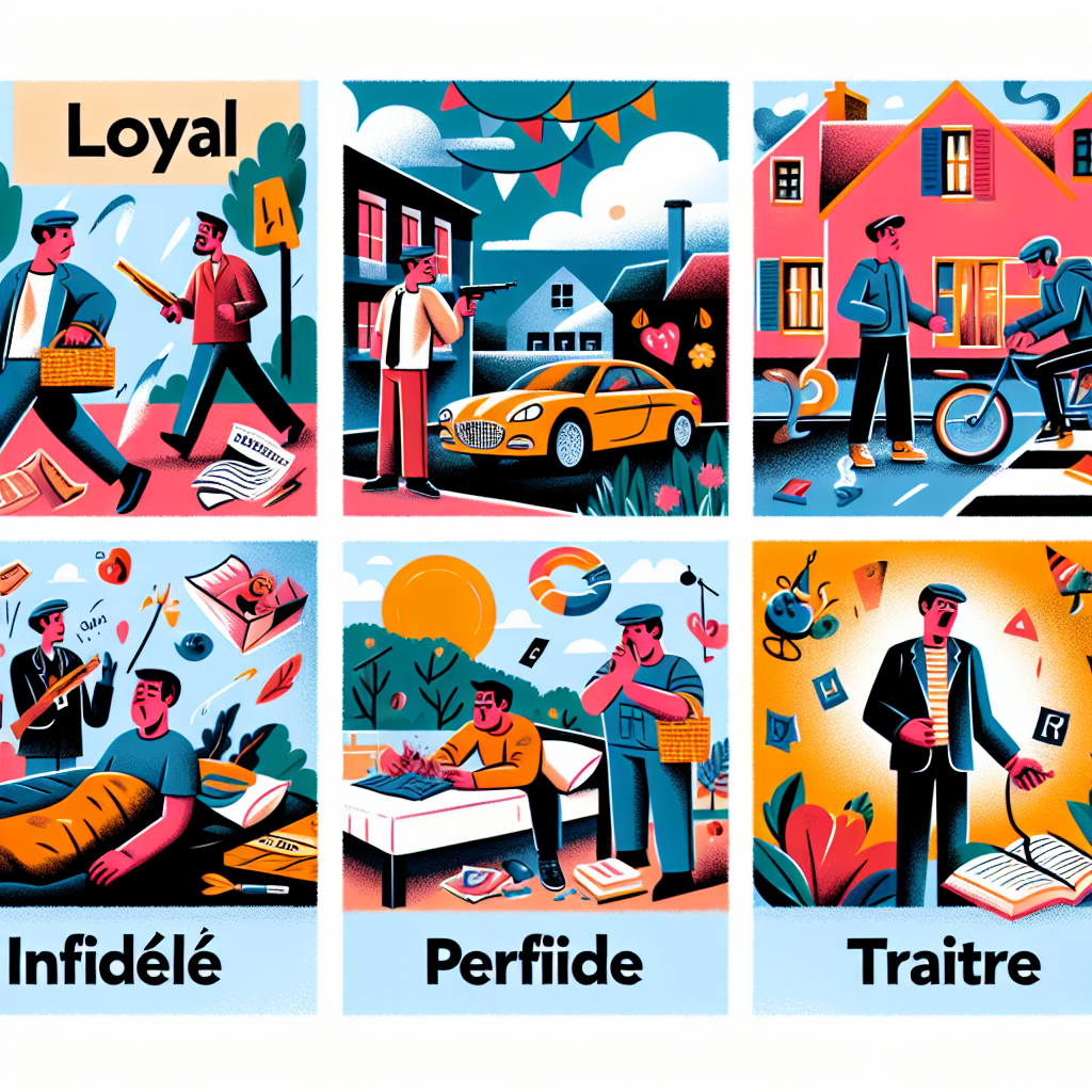 \"Créer une image en couleur de la vie de tous les jours illustrant le mot \'Loyal\'.\" . Spécification des antonymes : \"Inclure 4 antonymes du mot \'loyal\' en français : Actions à Représenter : \"Représentez chacune des actions associées à ces antonymes :\"