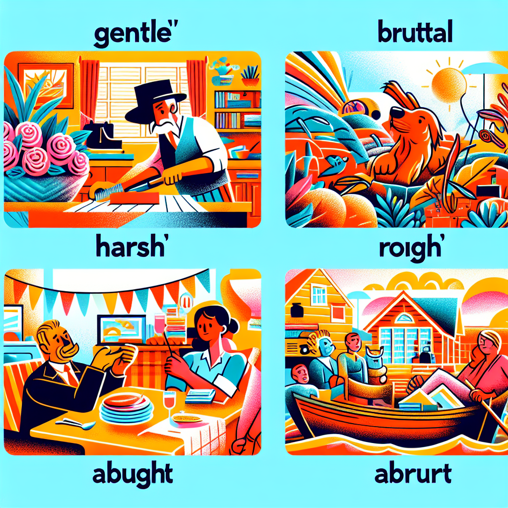 \"Créer une image en couleur de la vie de tous les jours illustrant le mot \'Doux\'.\" . Spécification des antonymes : \"Inclure 4 antonymes du mot \'doux\' en français : Actions à Représenter : \"Représentez chacune des actions associées à ces antonymes :\"