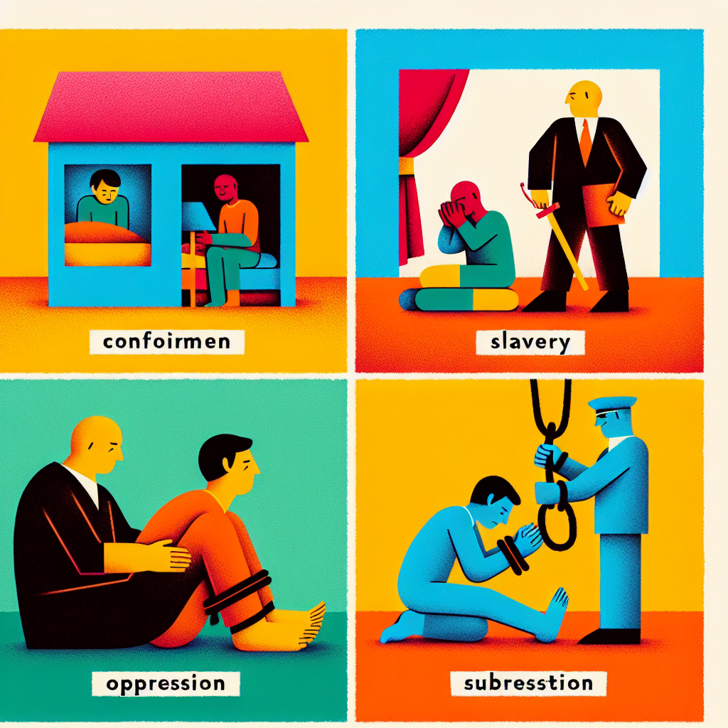 \"Créer une image en couleur de la vie de tous les jours illustrant le contraire du mot \'Liberté\'.\" . Spécification des antonymes : \"Inclure 4 antonymes du mot \'liberté\' en français : Actions à Représenter : \"Représentez chacune des actions associées à ces antonymes :\"