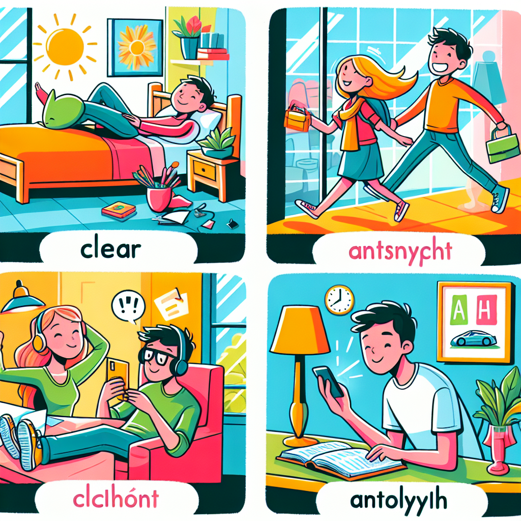 \"Créer une image en couleur de la vie de tous les jours illustrant le mot \'Clair\'.\" . Spécification des antonymes : \"Inclure 4 antonymes du mot \'clair\' en français : Actions à Représenter : \"Représentez chacune des actions associées à ces antonymes :\"