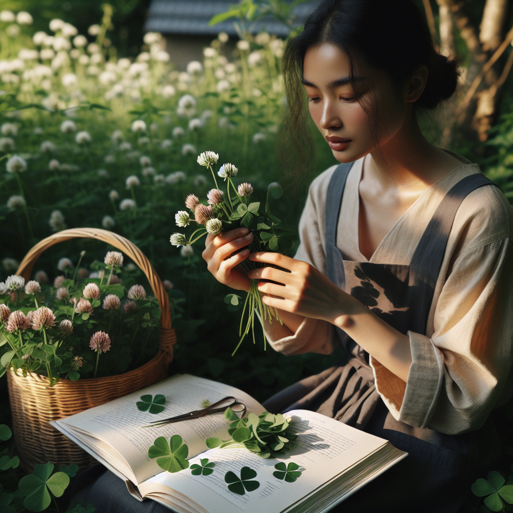 Dans un jardin ensoleillé, une jeune femme cueille des trèfles blancs. Elle examine les feuilles et les fleurs, un panier à ses pieds. À côté, un livre sur les plantes comestibles ouvert sur une page dédiée au trèfle blanc. L’ambiance évoque la curiosité et les découvertes culinaires naturelles.