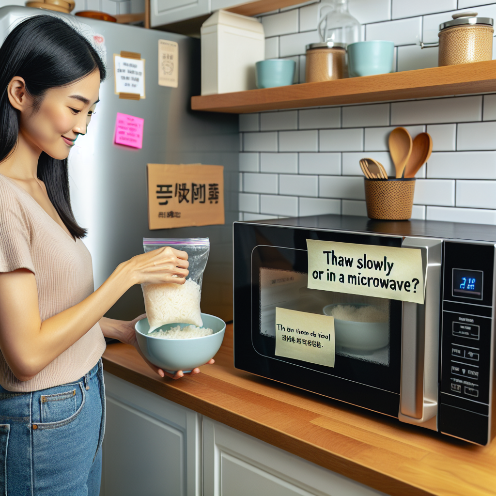 Dans une cuisine lumineuse, une personne sort un sachet de riz congelé du réfrigérateur. Sur le plan de travail, un bol rempli d\'eau chaude attend à côté d\'un micro-ondes. Un post-it rappelle l\'astuce : \"Décongeler lentement ou au micro-ondes ?\". Un titre sur le mur évoque l\'importance de préserver la texture moelleuse.
