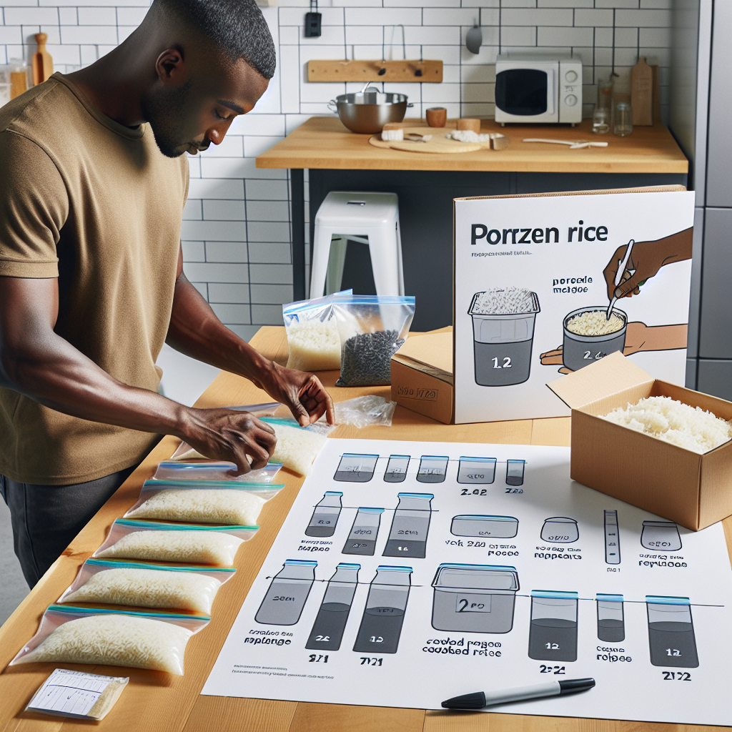 Dans une cuisine moderne, une personne utilise des sachets à zip pour portionner du riz cuit. Des étiquettes indiquent des portions variées. Une boîte de riz et un marqueur traînent sur le comptoir. À côté, une affiche explicative présente la méthode de congélation, soulignant la simplicité et l\'importance de la gestion des portions.