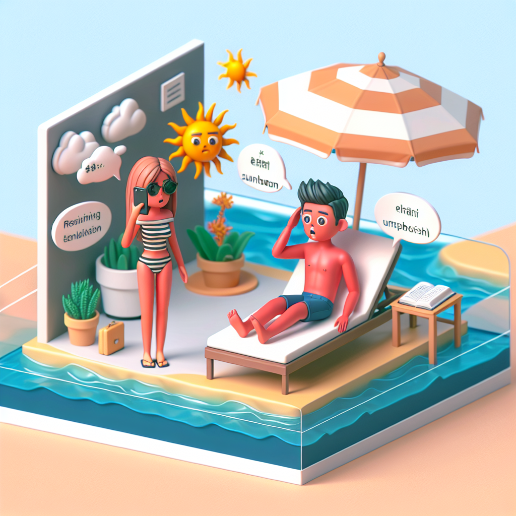 illustration 3 D en image dans une scène de la vie quotidienne de l\'émotion dégagée par ce terme: Coup de Soleil en Anglais : Explications et 35 Dialogues traduits (ne pas trop charger la photo)