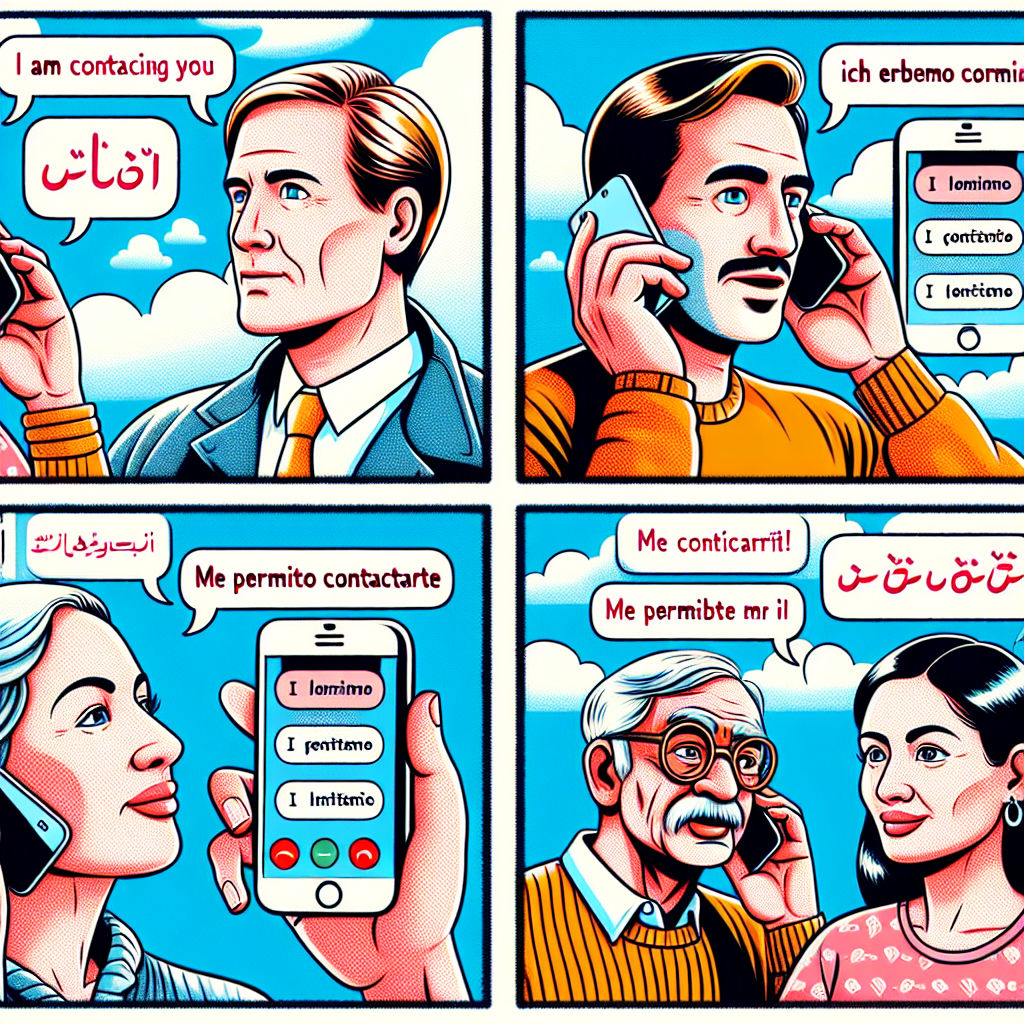 Illustration en image et en bulles de cette expression: \"Je me permets de vous contacter\" - **Anglais :** \"I am contacting you\" -- 2. **Espagnol :** \"Me permito contactarte\" -- . 3. **Allemand :** \"Ich erlaube mir, Sie zu kontaktieren\" -- . 4. **Italien :** \"Mi permetto di contattarti\"