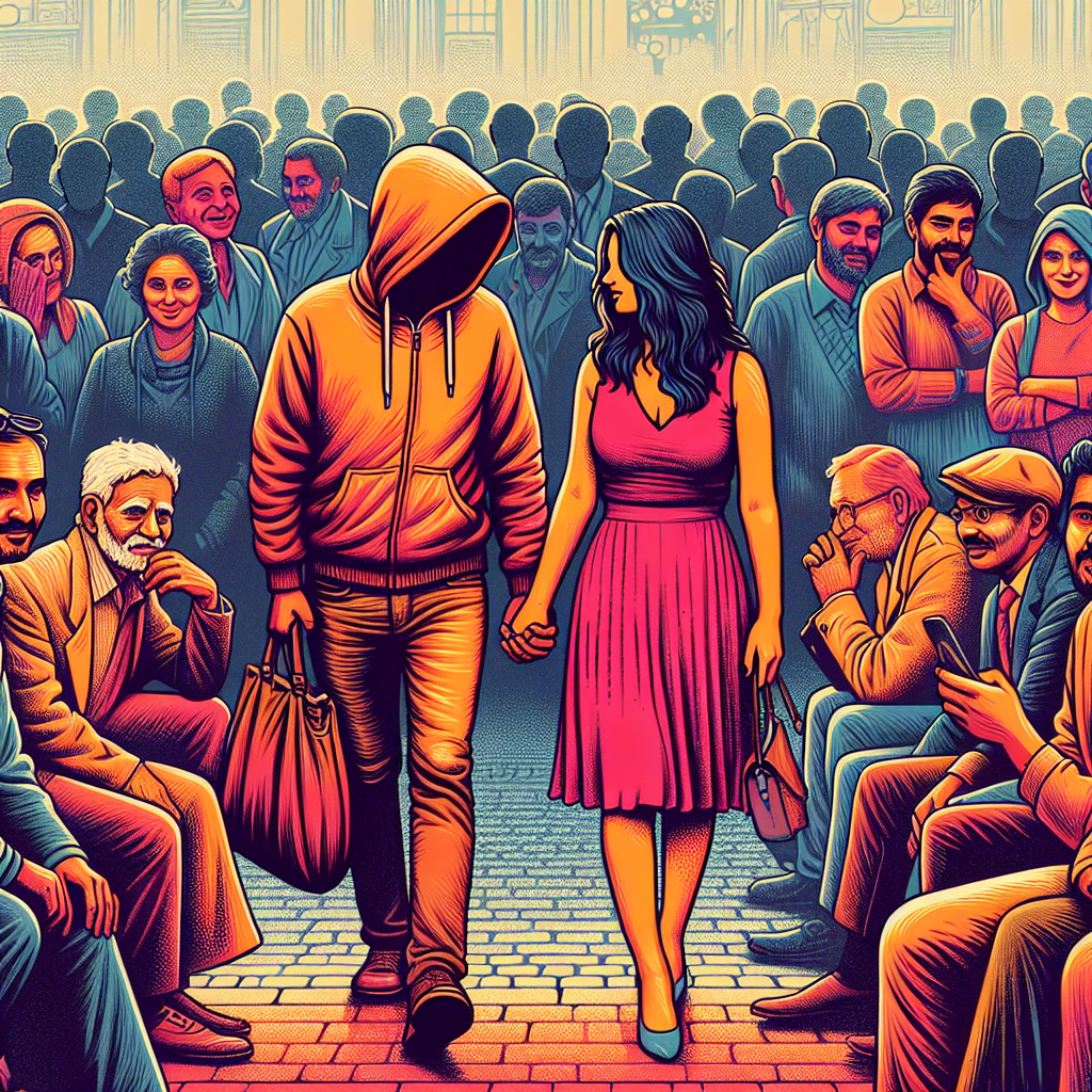 image en couleur pour représenter l\'idée que se font les gens quand ils entendent cette expression \"One-night stand\" (vous devez représenter un couple se tenant la main dans la rue et des passant qui les regardent tantôt inquiets, tantôt curieux, tantôt méfiants)