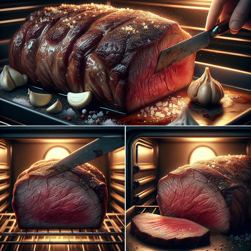 image réelle en couleur pour: Rôti de Bœuf au Four - Frottez votre rôti avec de l’ail coupé en deux, sel et poivre. Poêlez-le rapidement pour obtenir une belle croûte dorée, enfournez ensuite pour 25 minutes si vous aimez saignant. Laissez reposer 10 minutes avant de découper.