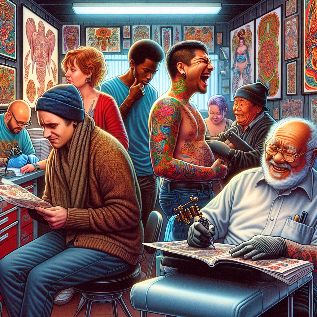 image réelle en couleur pour: Tattoo shop: (repésenter une scène figée des prestations réaliser dans tattoo shop)