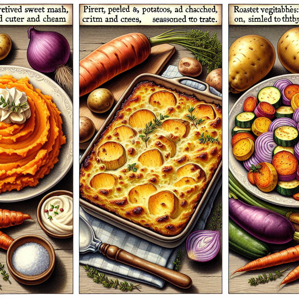 image réelle en couleur pour: - Purée de Patates Douces : Un classique revisité ! Épluchez et cuisez vos patates, écrasez-les avec un peu de beurre et crème, assaisonnez à volonté. - Gratin Dauphinois : En d\'autres termes, des tranches de pommes de terre enfournées avec crème et fromage - un vrai régal. - Légumes Rôtis au Four : Simple à préparer ! Mélangez carottes, courgettes, oignons rouges avec de l\'huile d\'olive, sel, poivre et thym.