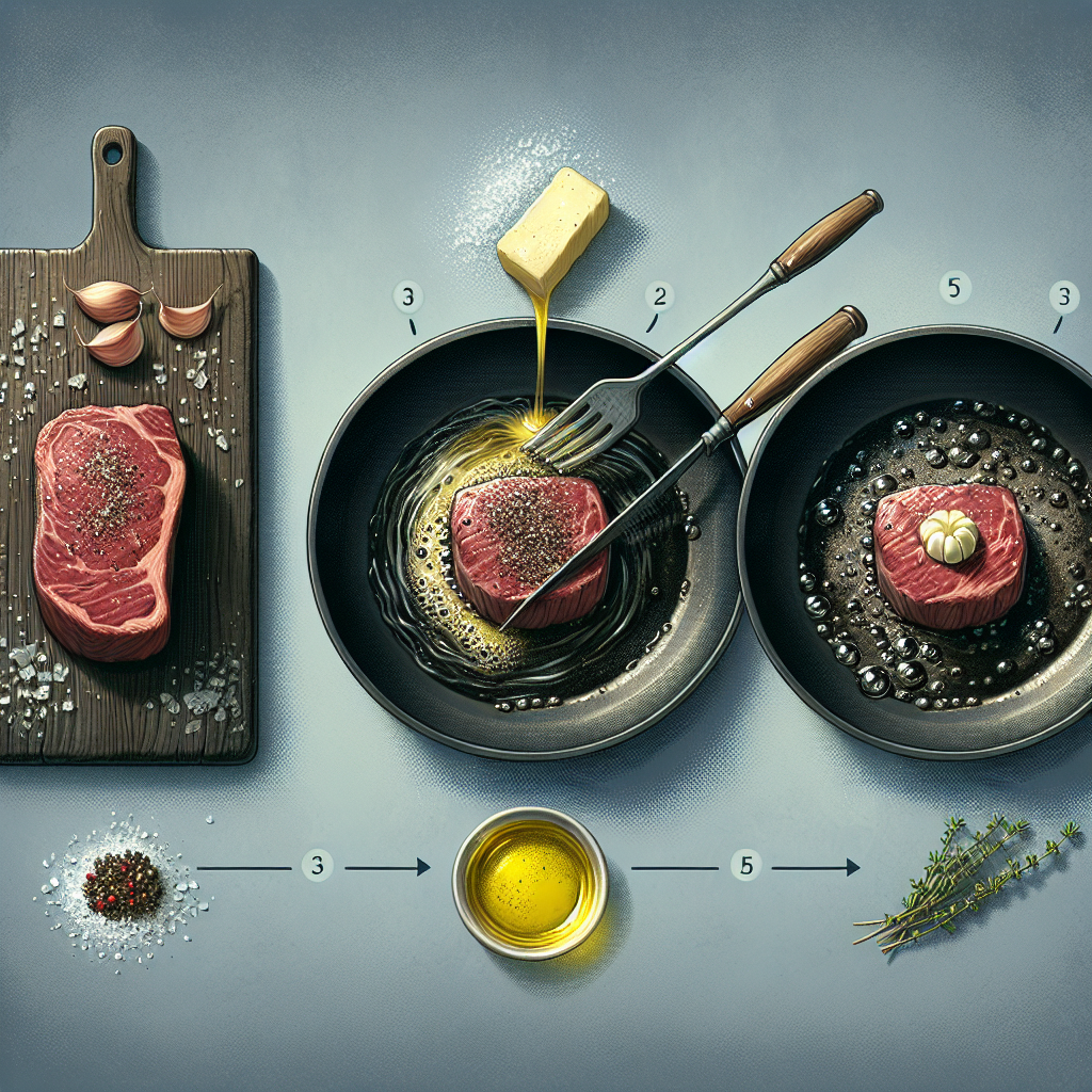 image réelle en couleur pour: Recettes Simples pour Subjuguer vos Convives 1. Filet Mignon à la Poêle - Salez, poivrez votre filet. Faites chauffer une bonne noix de beurre dans une poêle. Saisissez la viande 3 minutes de chaque côté pour une cuisson saignante. Ajoutez une gousse d\'ail écrasée et un brin de thym pour plus de saveurs.