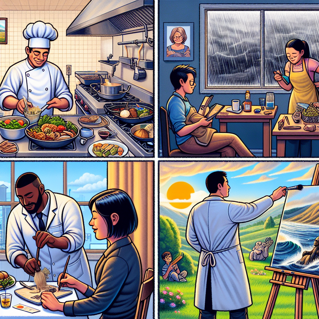 Image réelle en couleur pour: \"Bien que\" en anglais (dans 4 contextes des scènes de la vie quotidienne)