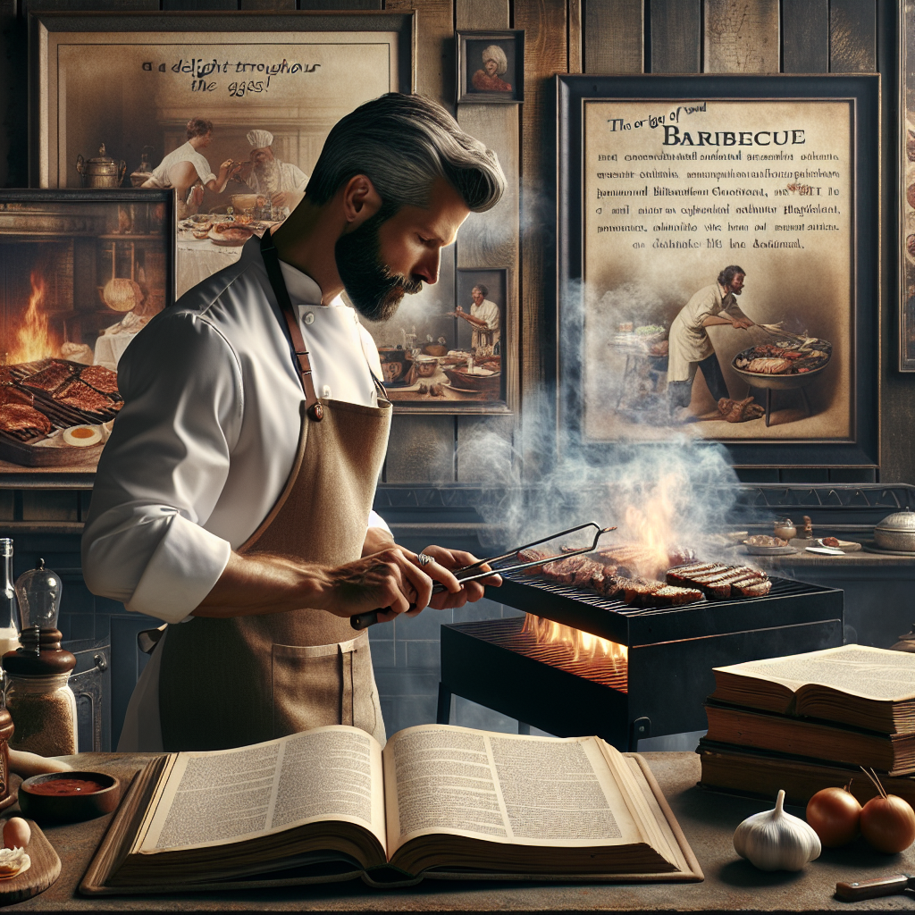 Imagine une cuisine rustique où un chef manipulateur prépare un barbecue : au centre, un grill fumant avec de délicieuses viandes. Des livres de cuisine ouverts montrent des recettes de barbecue, tandis qu\'un panneau mural dit “Origine du mot barbecue : un délice à travers les âges !” avec des images d\'anciennes scènes de cuisson en arrière-plan.
