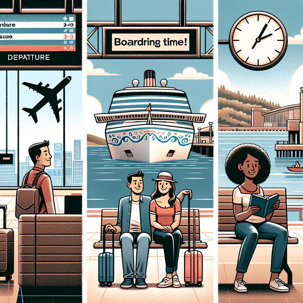 Imagine une image divisée en trois sections distinctes: Avion : À gauche, un personnage au terminal de l\'aéroport regarde l\'écran des départs avec une valise en main, un panneau au-dessus affiche “Heure d’embarquement !”. Bateau de croisière : un couple souriant sur le quai, avec le paquebot en arrière-plan et une grande horloge indiquant l\'heure d\'embarquement! Train : À droite, un voyageur avec un livre assis sur un banc de la gare